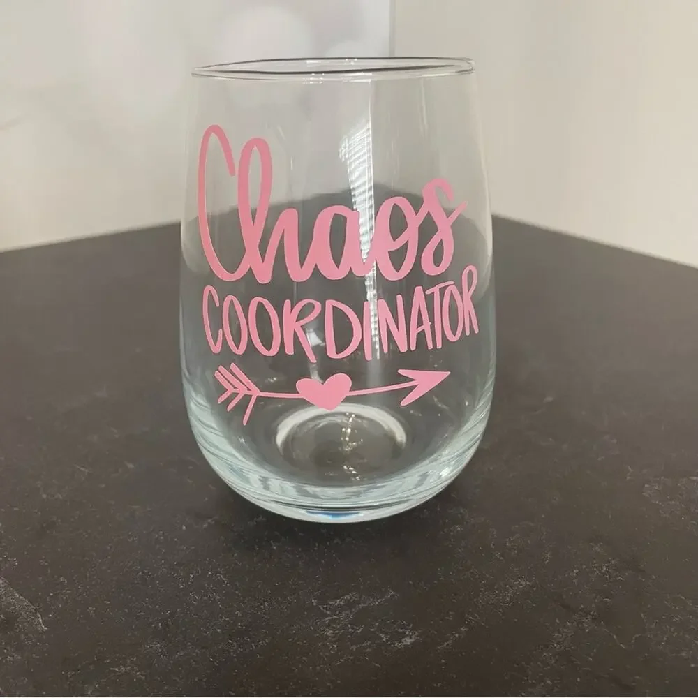 “Chaos Coordinator” Handmade Vinyl Wine Glass Design Stemless 17oz Pink